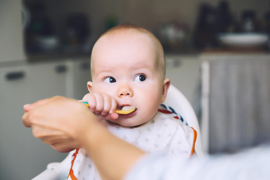 Ein Baby wird mit einem Löffel Brei-Beikost gefüttert.